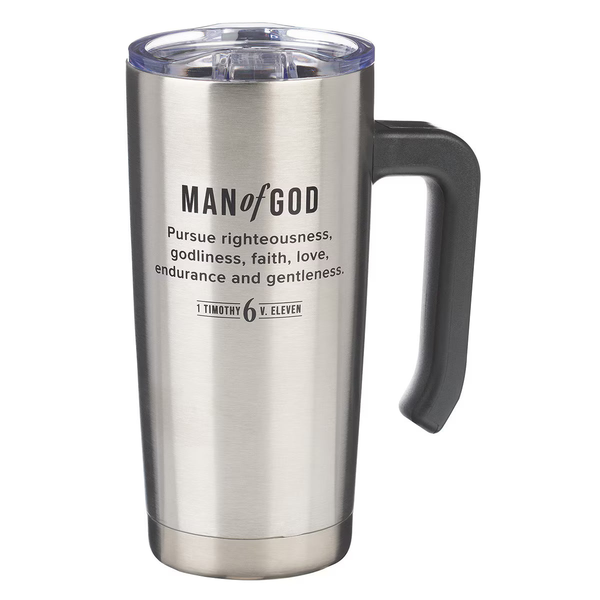 Stainless steel travel mug with handle and motivational quote in black print