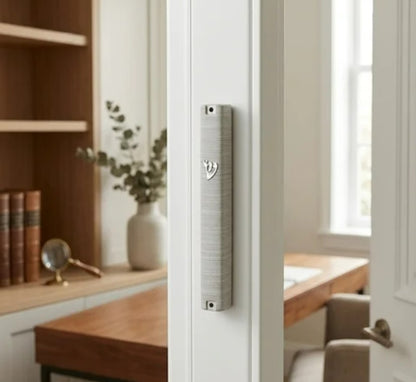 Metallic White and Gray Striped Plastic Mezuzah
