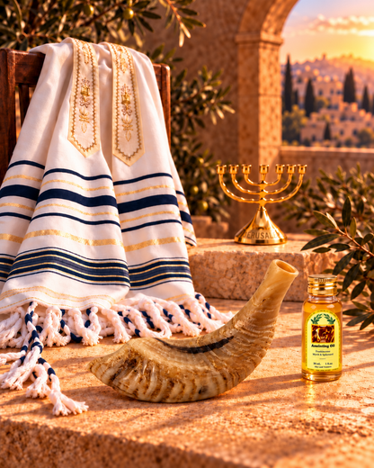 Shofar Gift Set with Prayer Shawl, Anointing Oil & Menorah