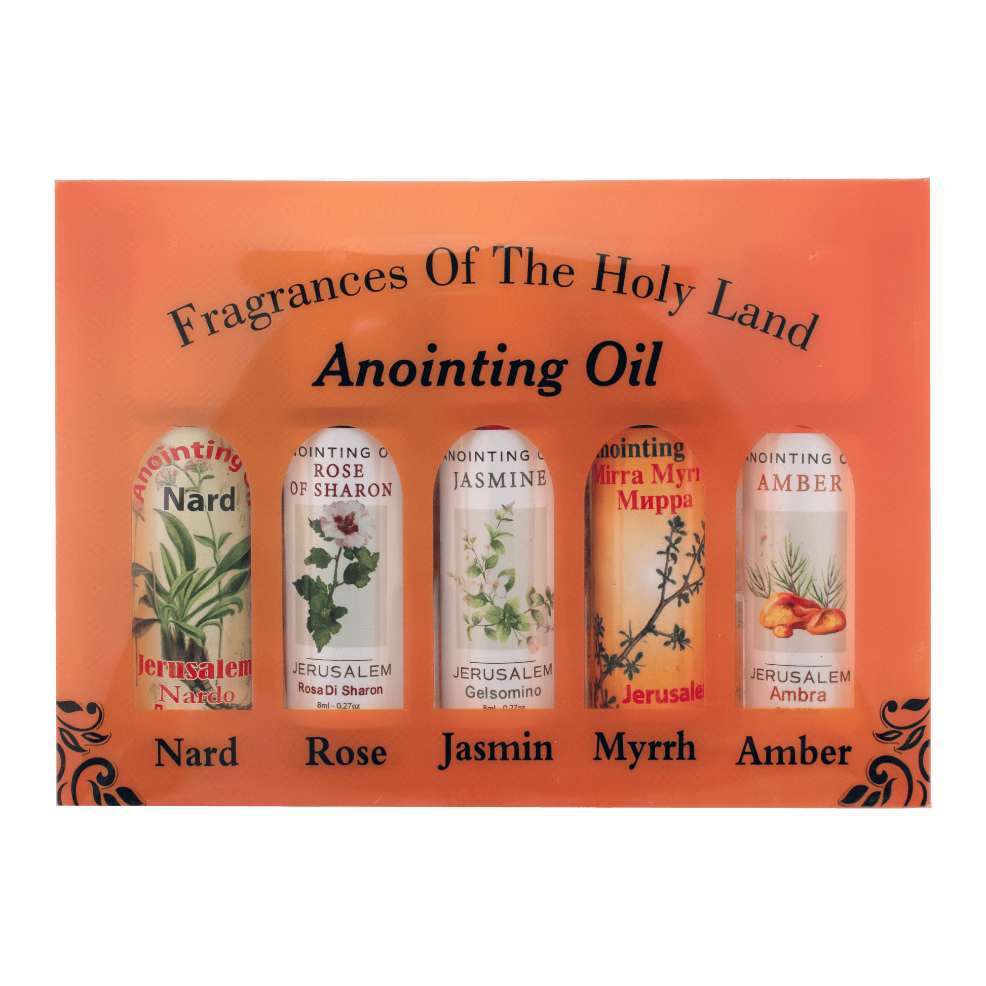 Fragrances from the Holy Land includes Nard, Rose of Sharon, Jasmin, Myrrh and Amber