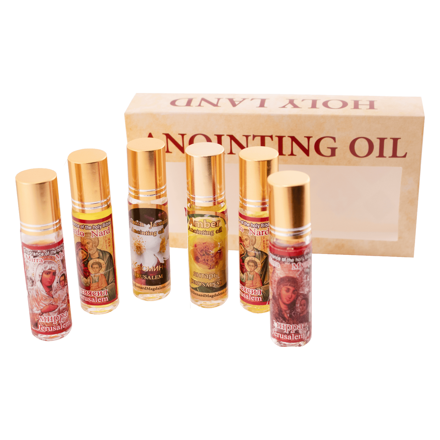 Aromatic oils from the Holy Land -Includes two Myrrh, Jasmin, Amber, and two Nard 