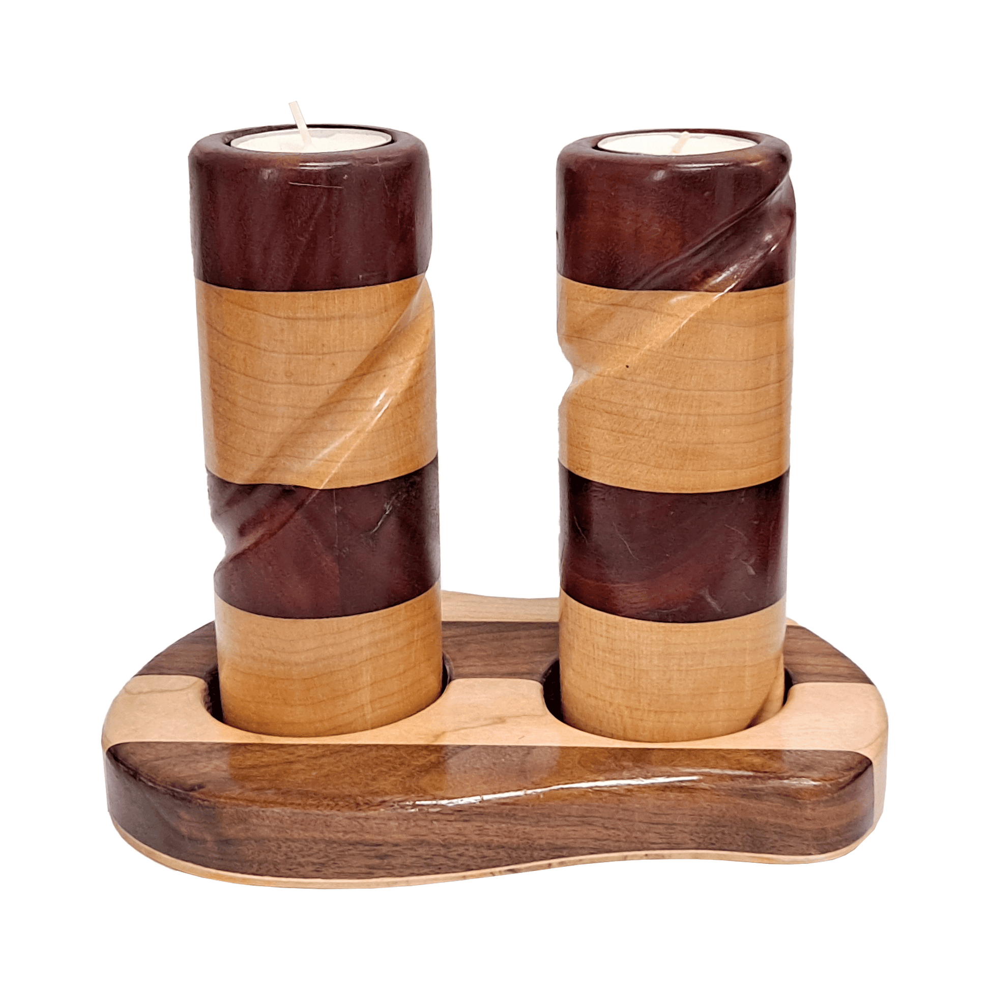 Wooden candlesticks made of maple and padauk woods set in a stand