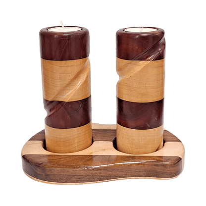 Wooden candlesticks made of maple and padauk woods set in a stand