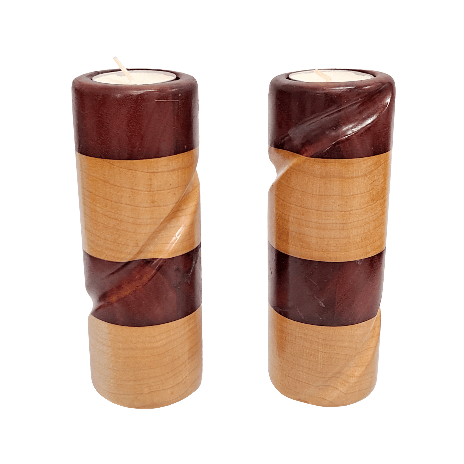 Wooden candlesticks made of maple and padauk woods set in a stand