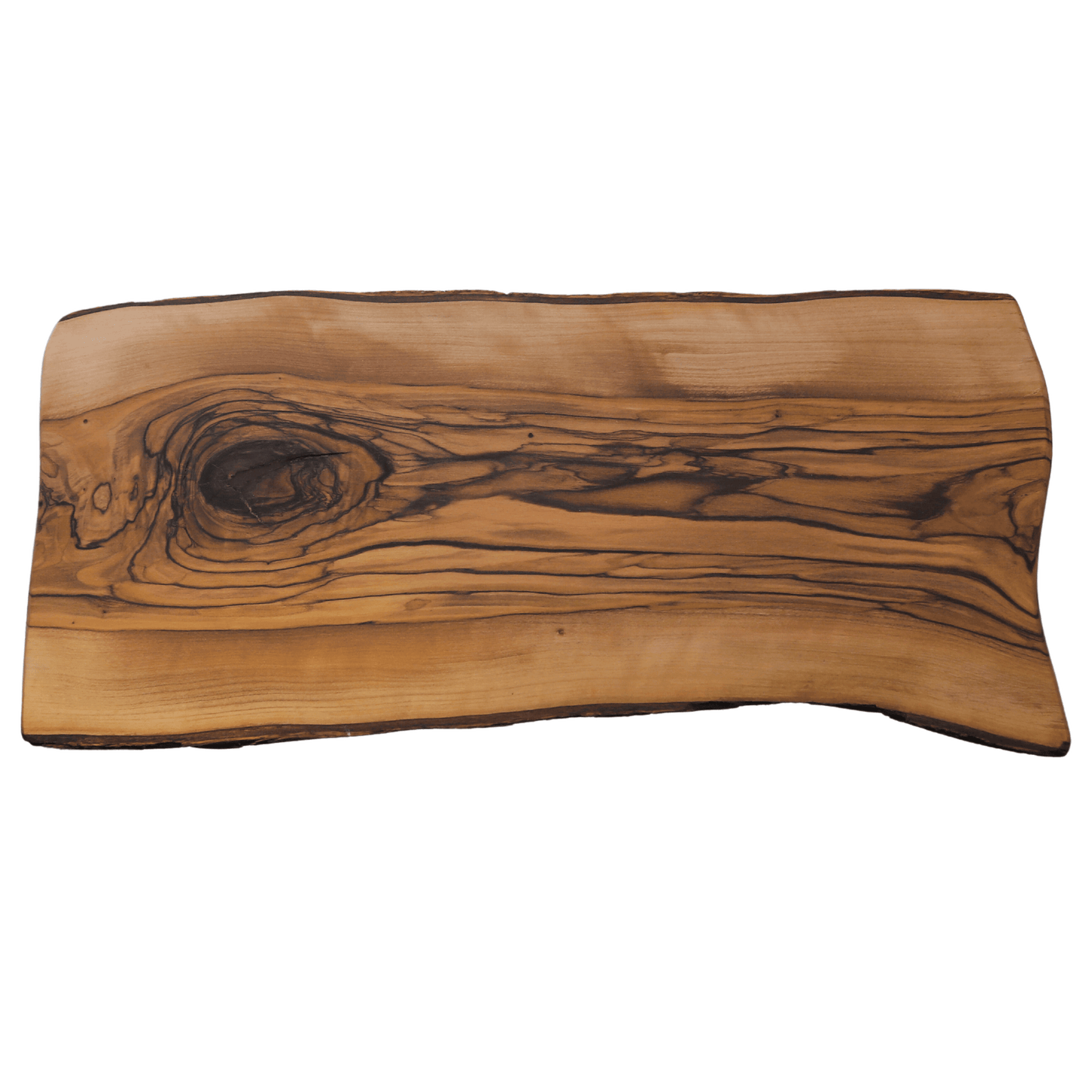 Olive wood charcuterie board with natural bark sides