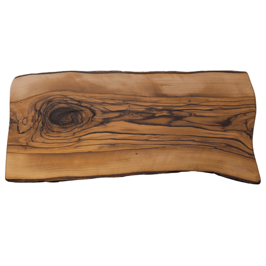 Olive wood charcuterie board with natural bark sides