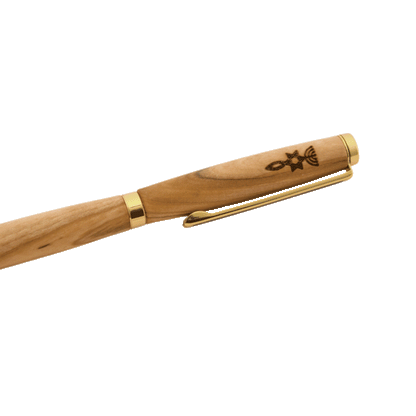 Handcrafted oilve wood pen with the grafted in symbol