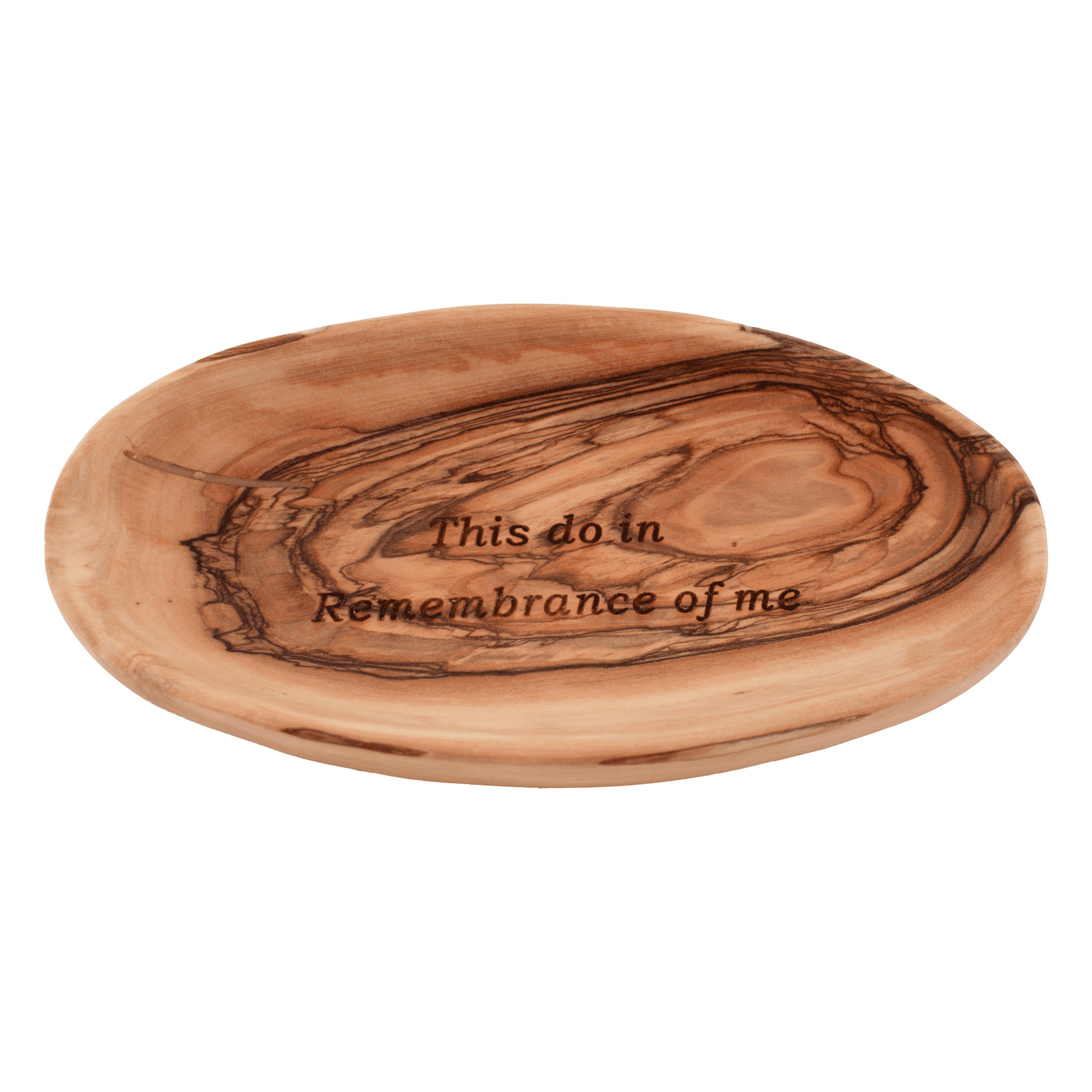 Olive wood oval dish with the words "This Do in Remembrance of Me" engraved in the center