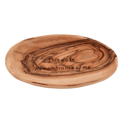 Olive wood oval dish with the words "This Do in Remembrance of Me" engraved in the center