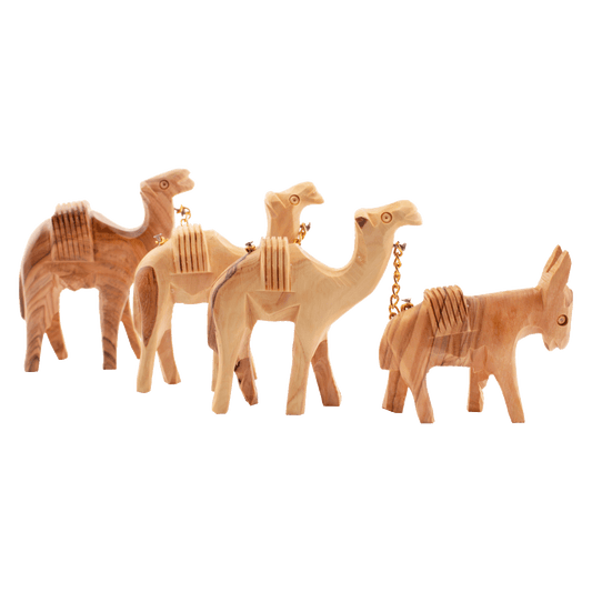 Handcarved animal caravan set with a donkey and three camels made of olive wood