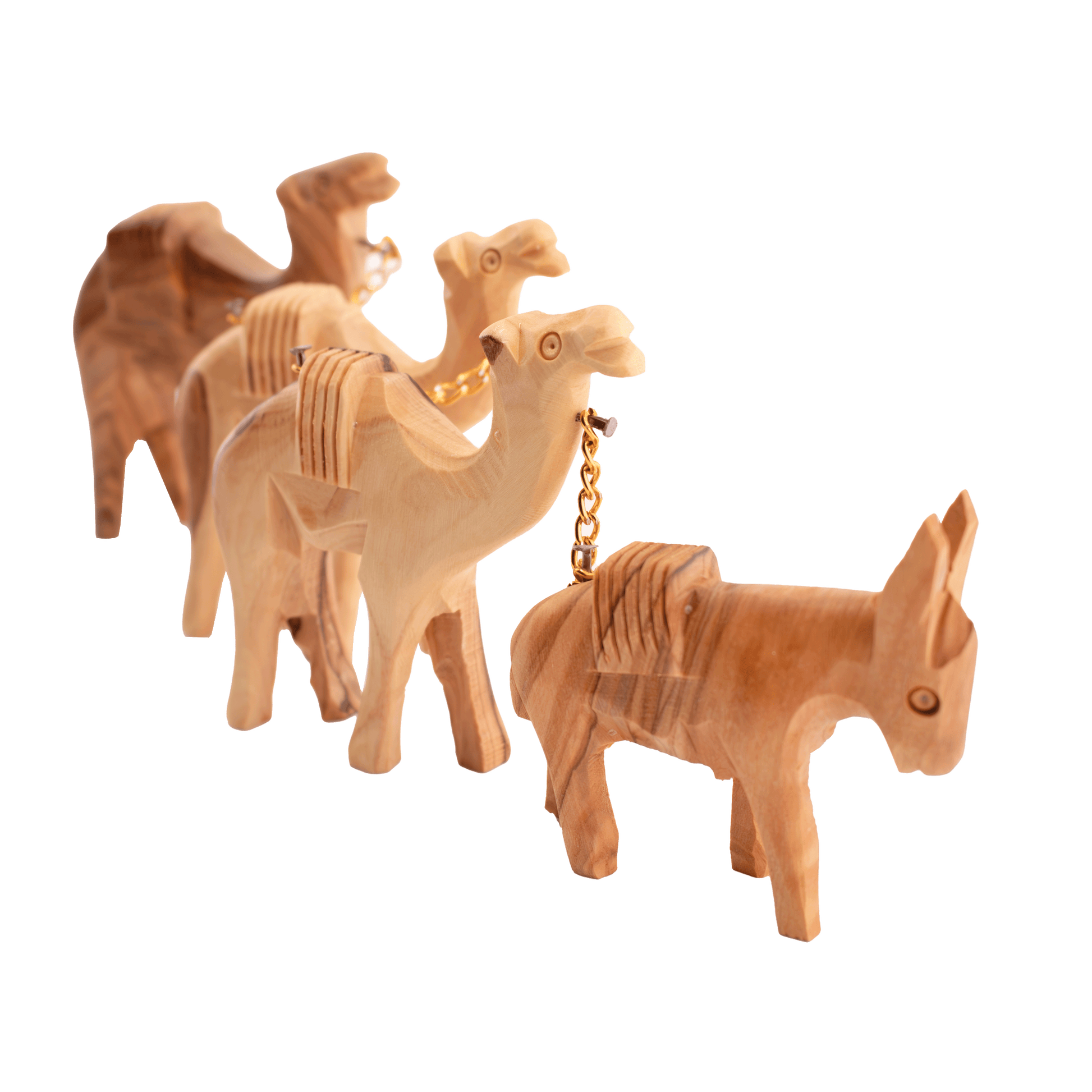 Handcarved animal caravan set with a donkey and three camels made of olive wood