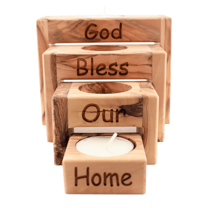  Olive wood nested tealight candle set with the words "God Bless Our Home"