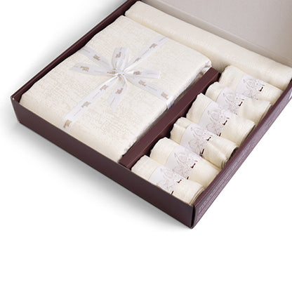 Off white tablecloth set with runner and six napkins in gift box