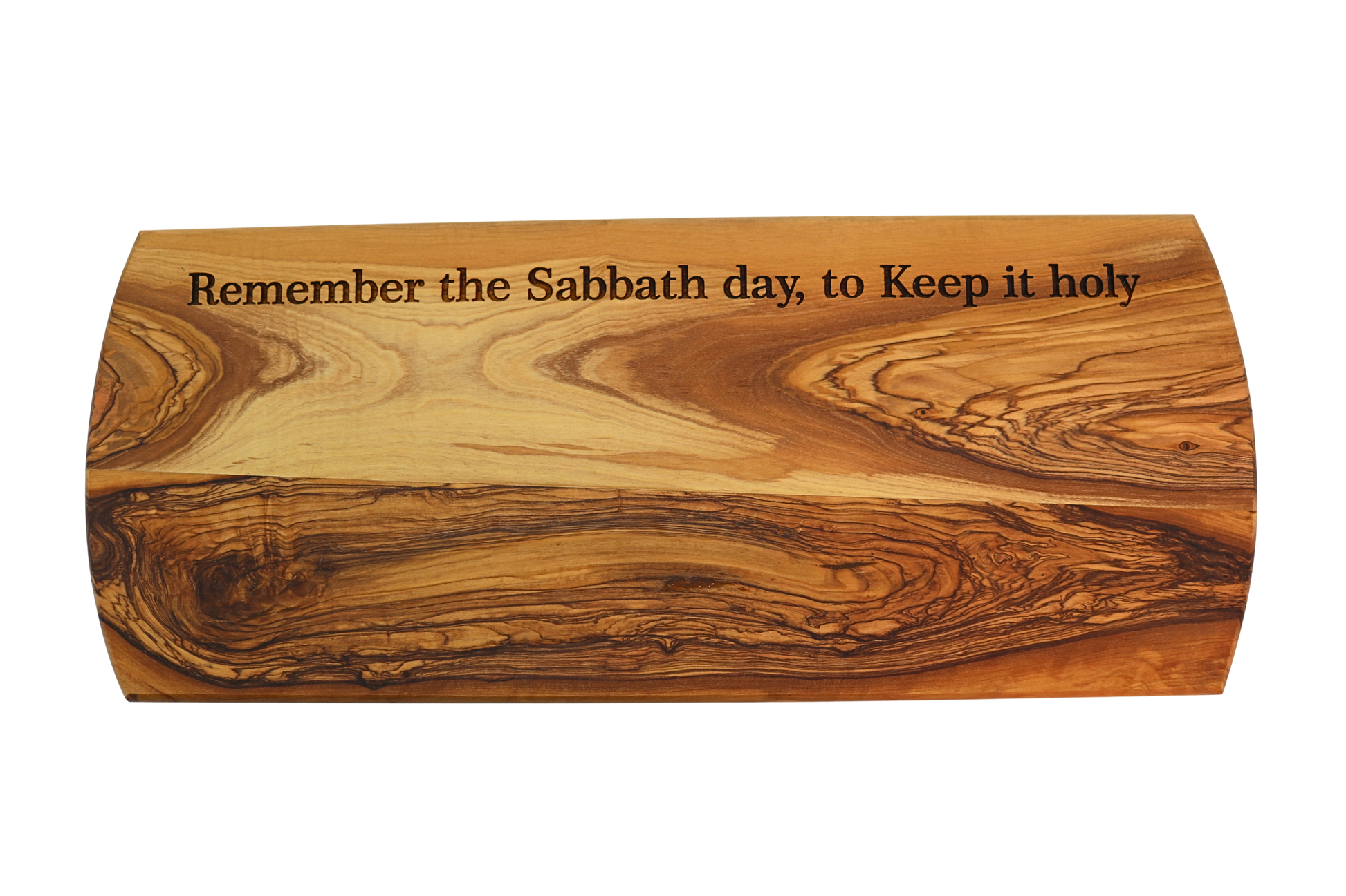 Olive wood bread board engraved with the phrase "Remember the Sabbath day, to keep it holy"