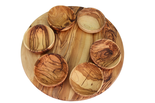 Olive wood seder plate with olive wood bowls