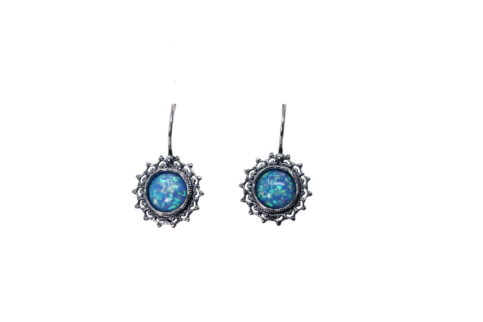 Round opal earrings with silver halo
