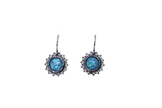 Round opal earrings with silver halo
