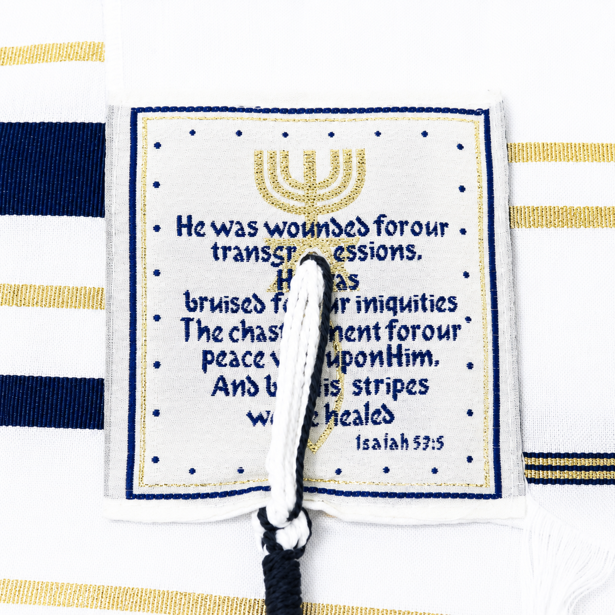 Navy blue and gold tallit corner patch with Scripture reference