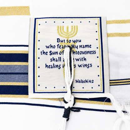 Navy blue and gold tallit corner patch with Scripture reference