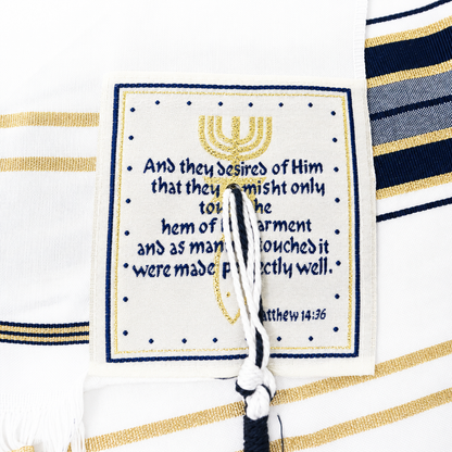 Navy blue and gold tallit corner patch with Scripture reference