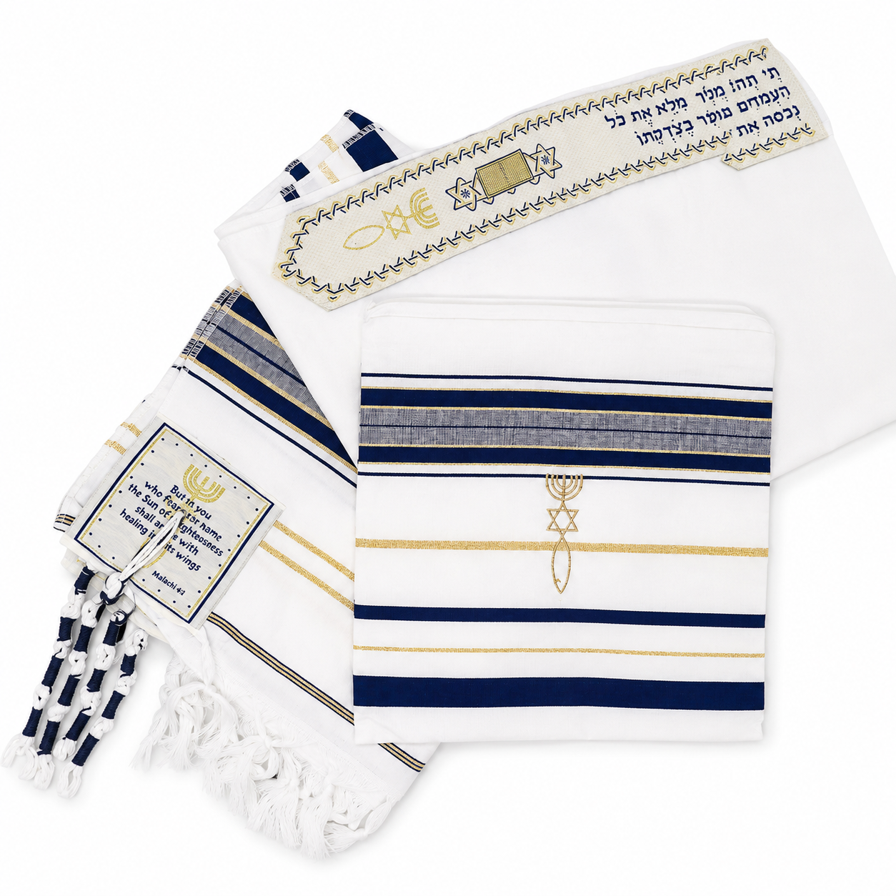 Navy blue and gold tallit prayer shawl with matching bag