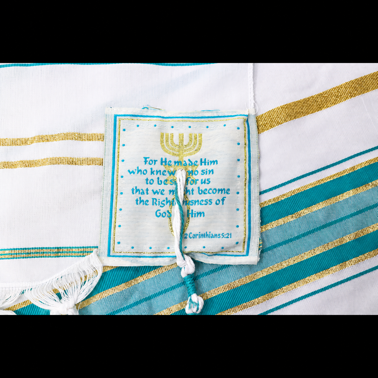 Teal and gold prayer shawl corner patch with Scripture