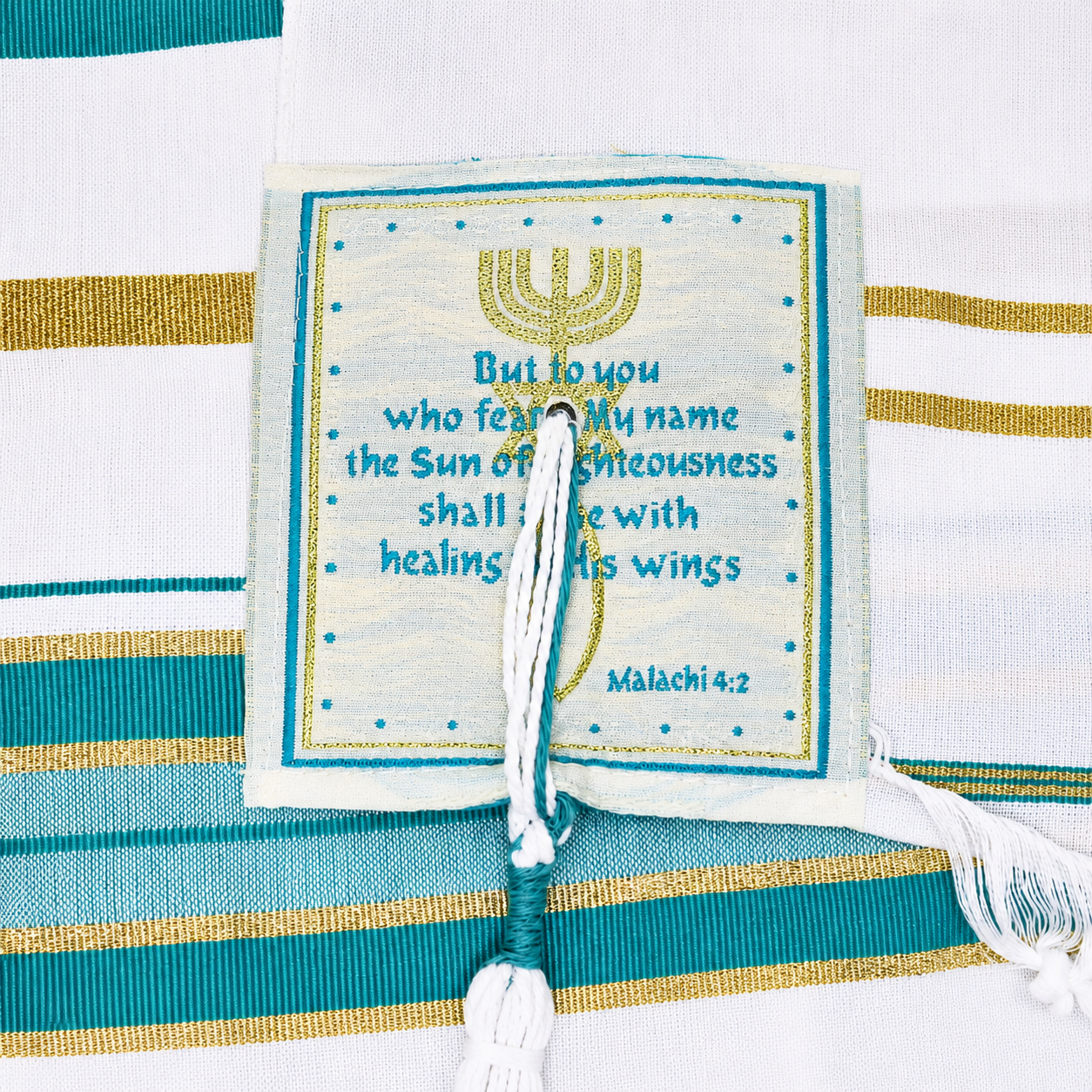 Teal and gold prayer shawl corner patch with Scripture