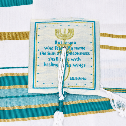 Teal and gold prayer shawl corner patch with Scripture