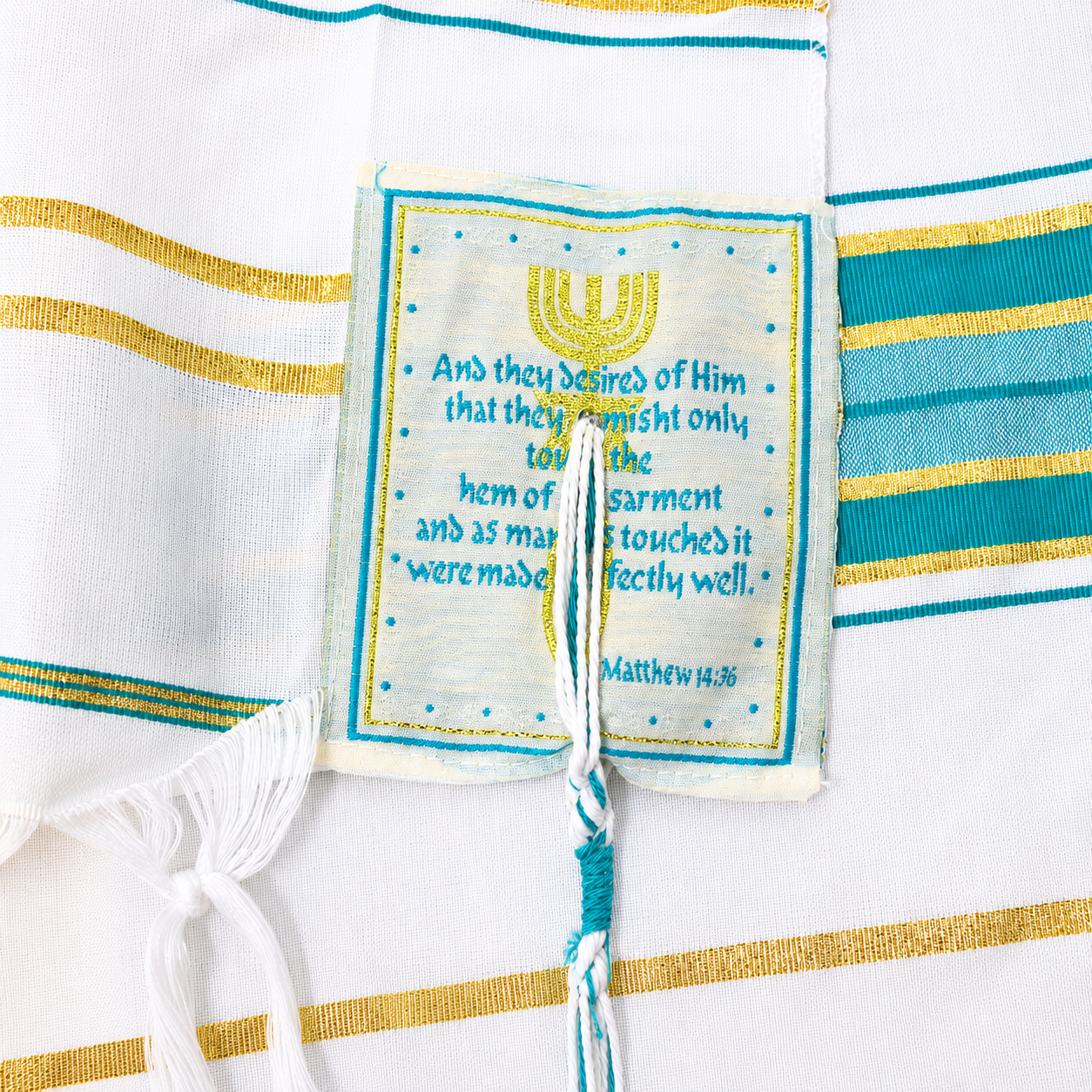Teal and gold prayer shawl corner patch with Scripture
