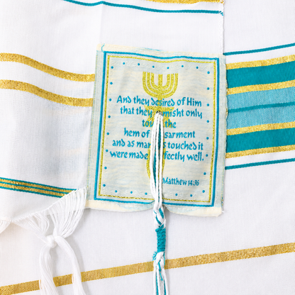 Teal and gold prayer shawl corner patch with Scripture