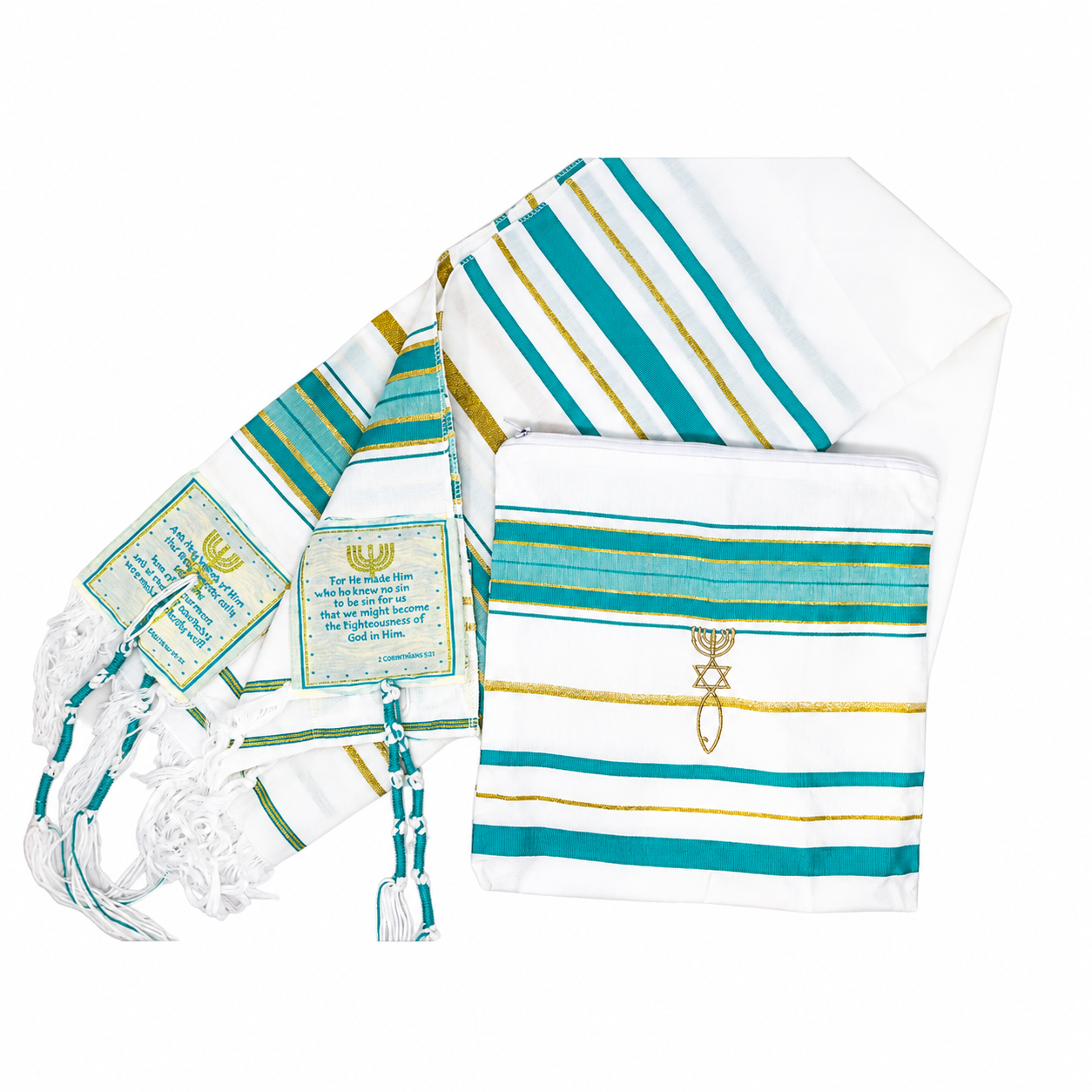 Teal and gold tallit prayer shawl with matching bag