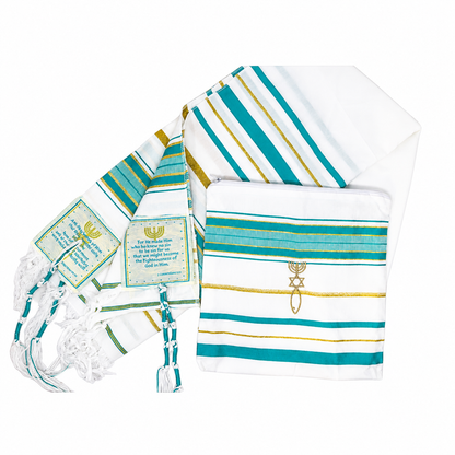 Teal and gold tallit prayer shawl with matching bag