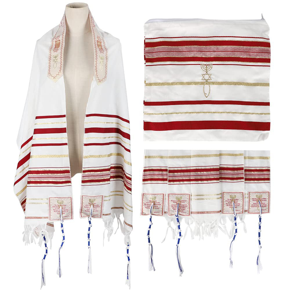 Red and gold tallit prayer shawl with matching bag and Scripture corners