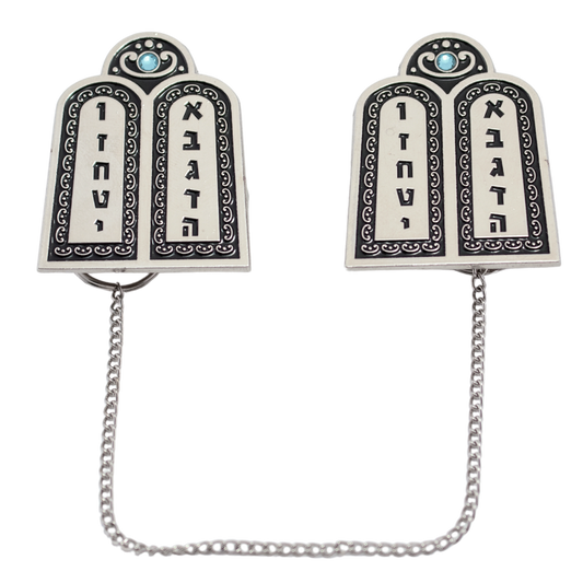 Nickel prayer shawl clips with the Ten Commandments engraved in Hebrew letters