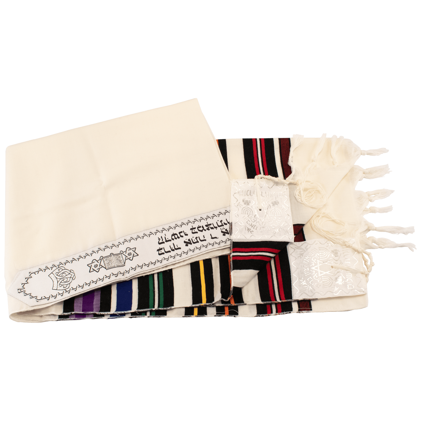 Subtle off white Prayer Shawl with rainbow stripes