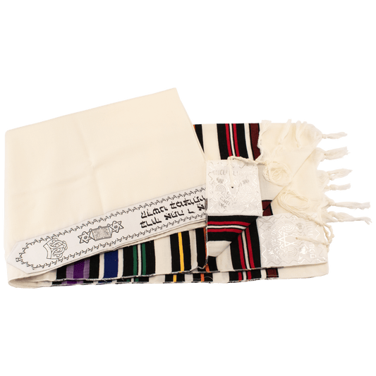 Subtle off white Prayer Shawl with rainbow stripes