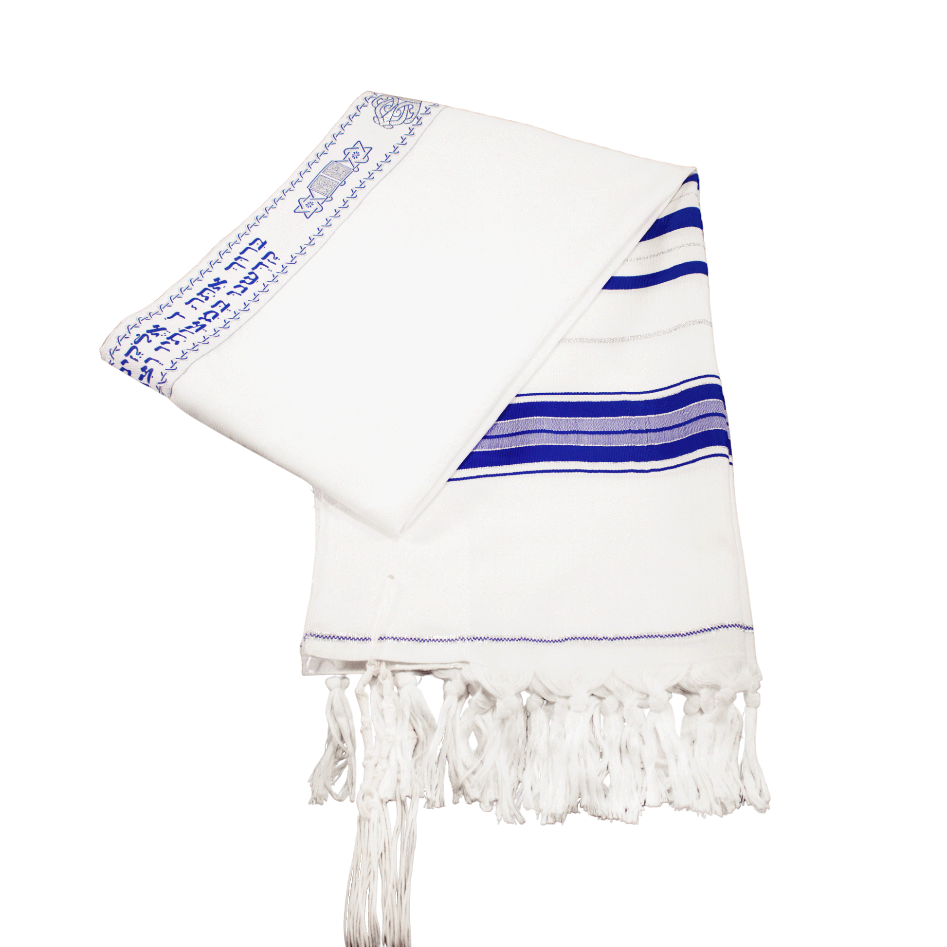 Blue and white prayer shawl with silver threading