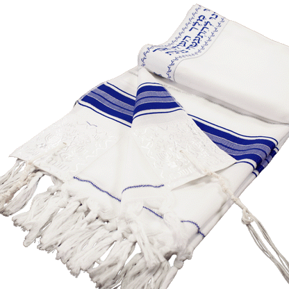 Blue and white prayer shawl with silver threading