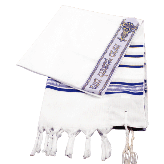 Blue and white prayer shawl with gold threading