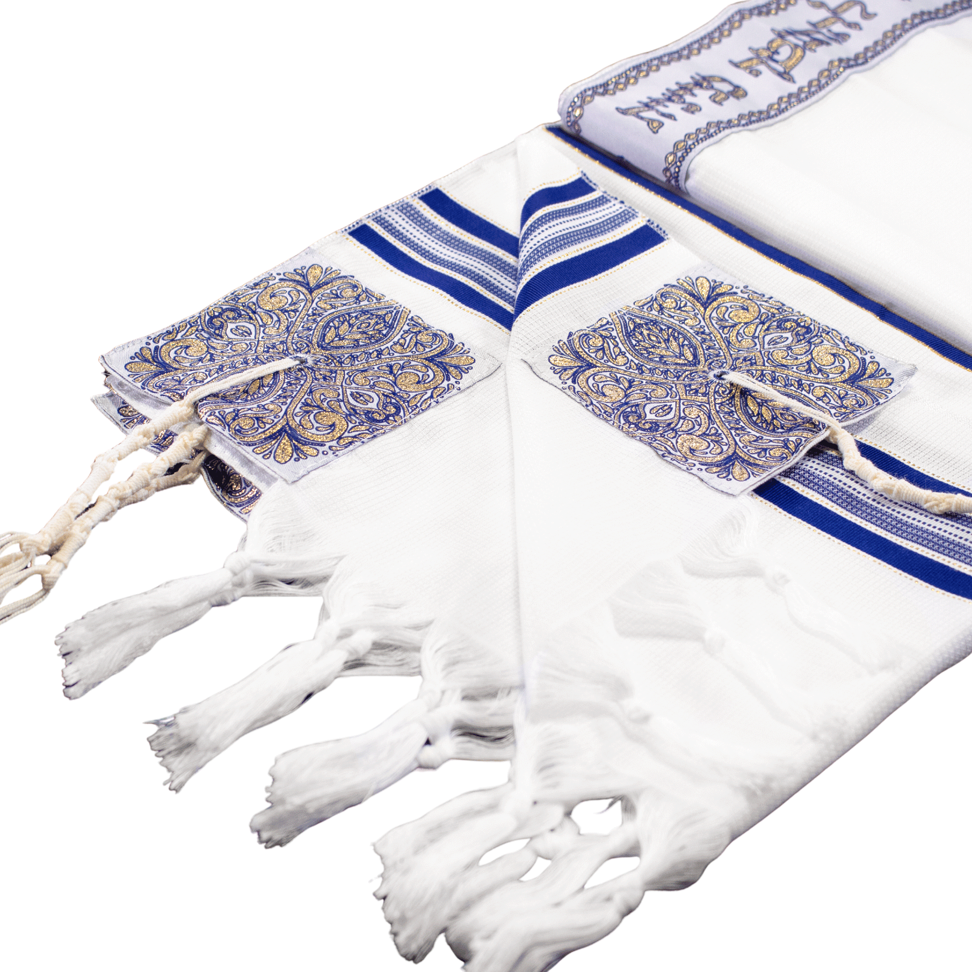 Blue and white prayer shawl with gold threading