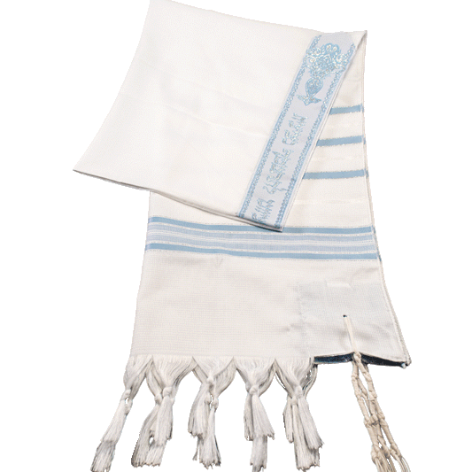 Light blue and white prayer shawl with silver threading