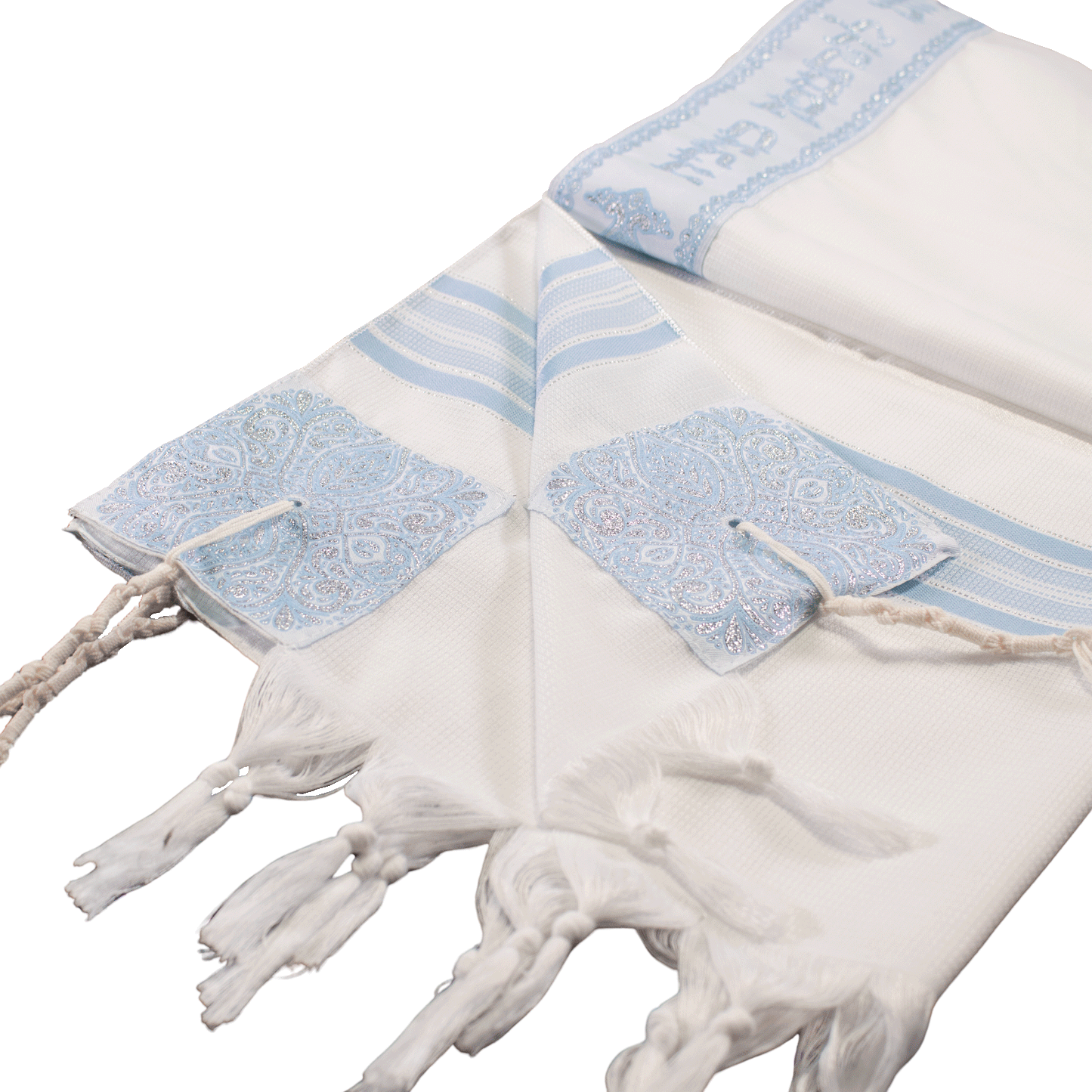 Light blue and white prayer shawl with silver threading