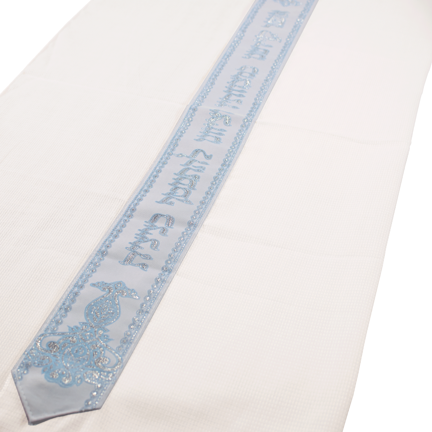 Light blue and white prayer shawl with silver threading