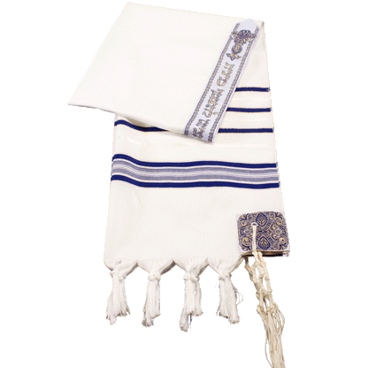 Blue and white prayer shawl with gold stitching