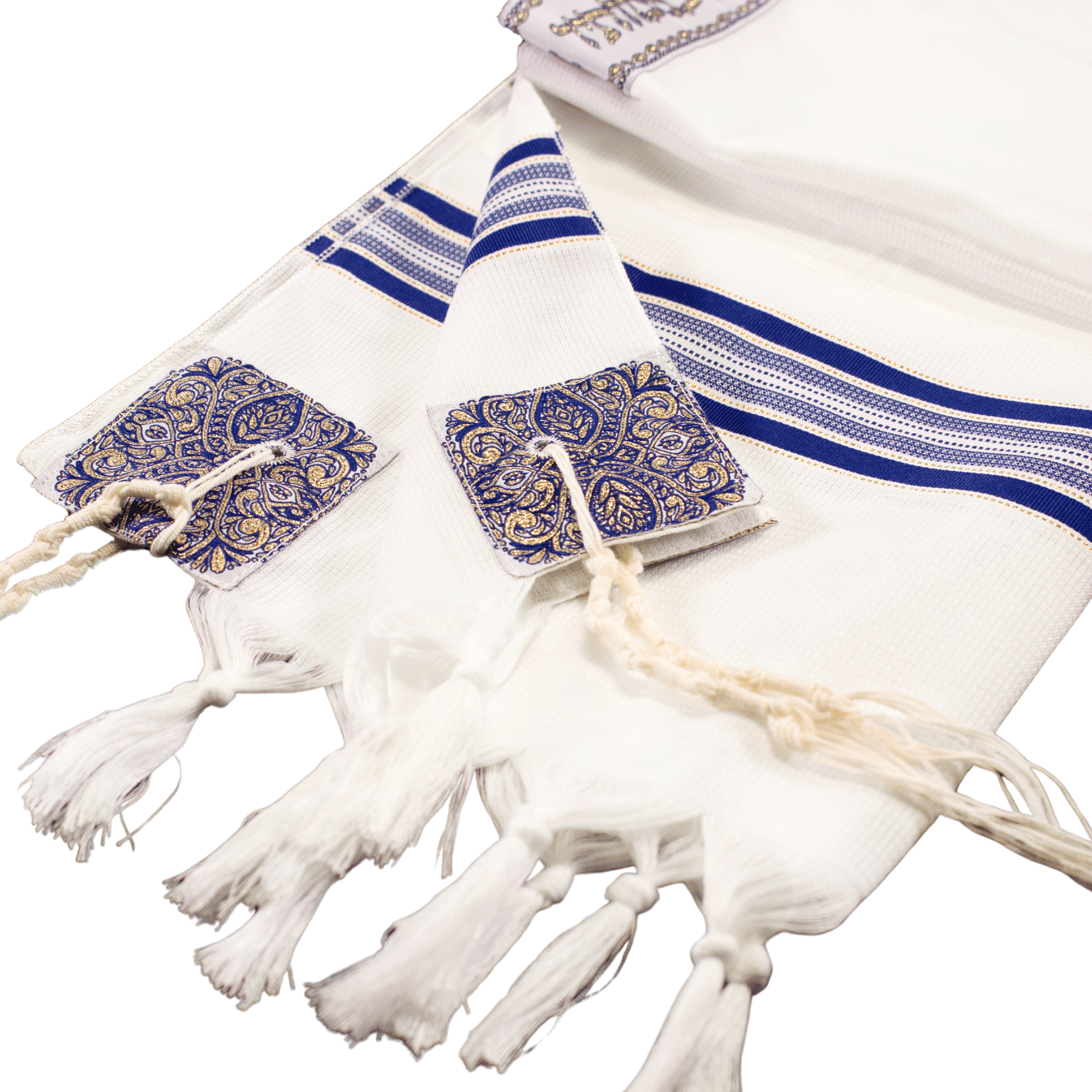 Blue and white prayer shawl with gold stitching