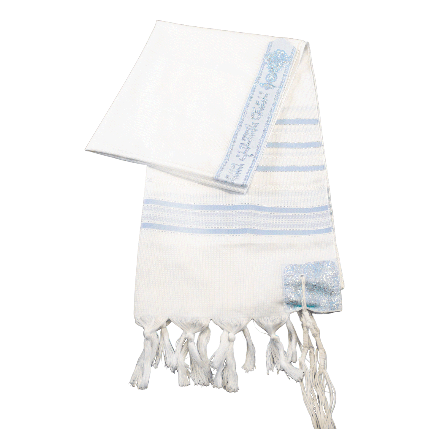 Light blue and white prayer shawl with silver stitching