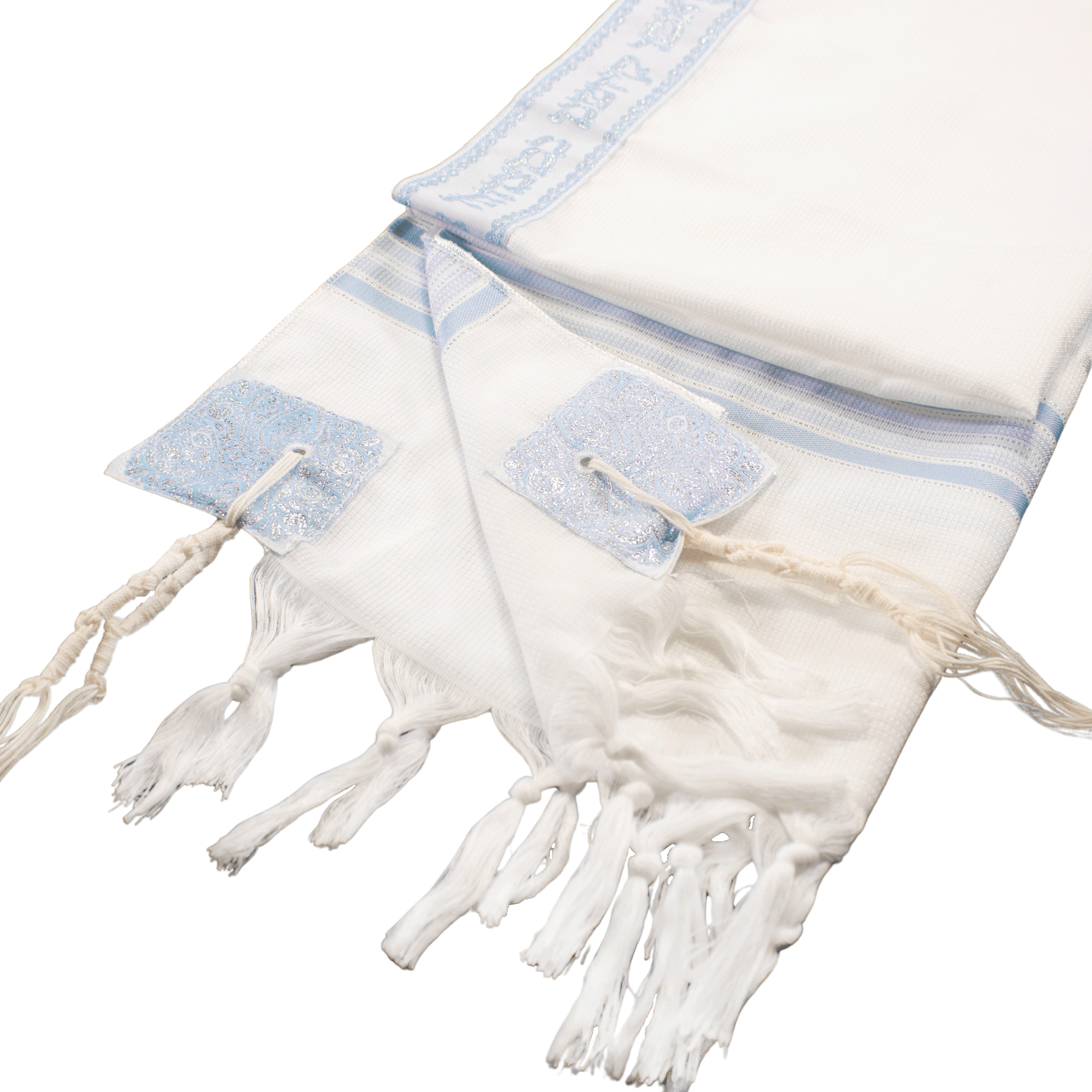 Light blue and white prayer shawl with silver stitching