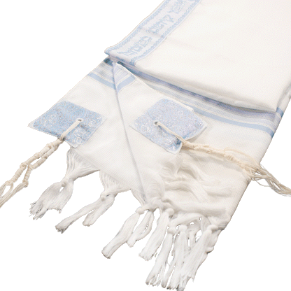 Light blue and white prayer shawl with silver stitching