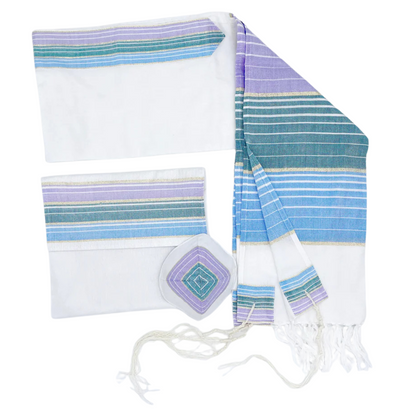 Purple, green and blue striped prayer shawl with bag and kippah