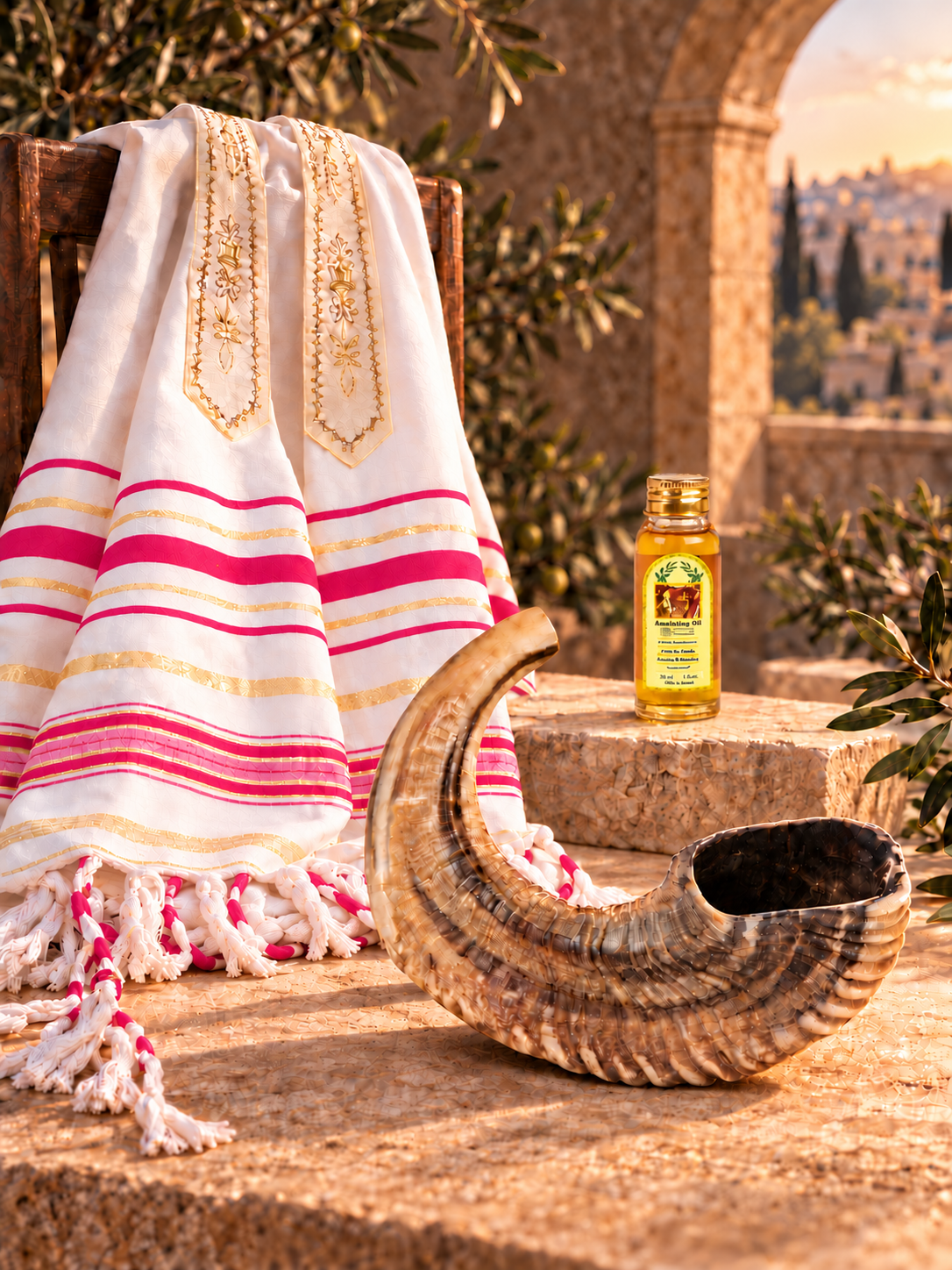 Shofar Gift Set with Prayer Shawl & Anointing Oil